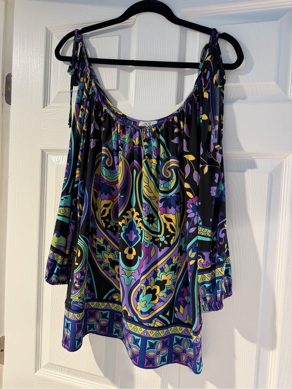 Cache Black Multicolor Paisley Off-Shoulder Tunic